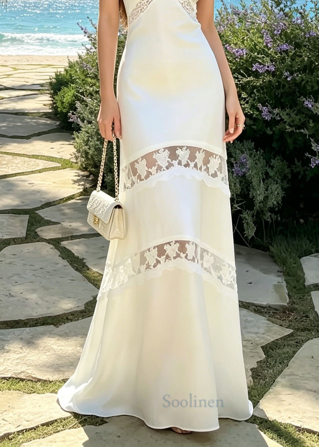 French White V Neck Lace Patchwork Silk Spaghetti Strap Dress Summer
