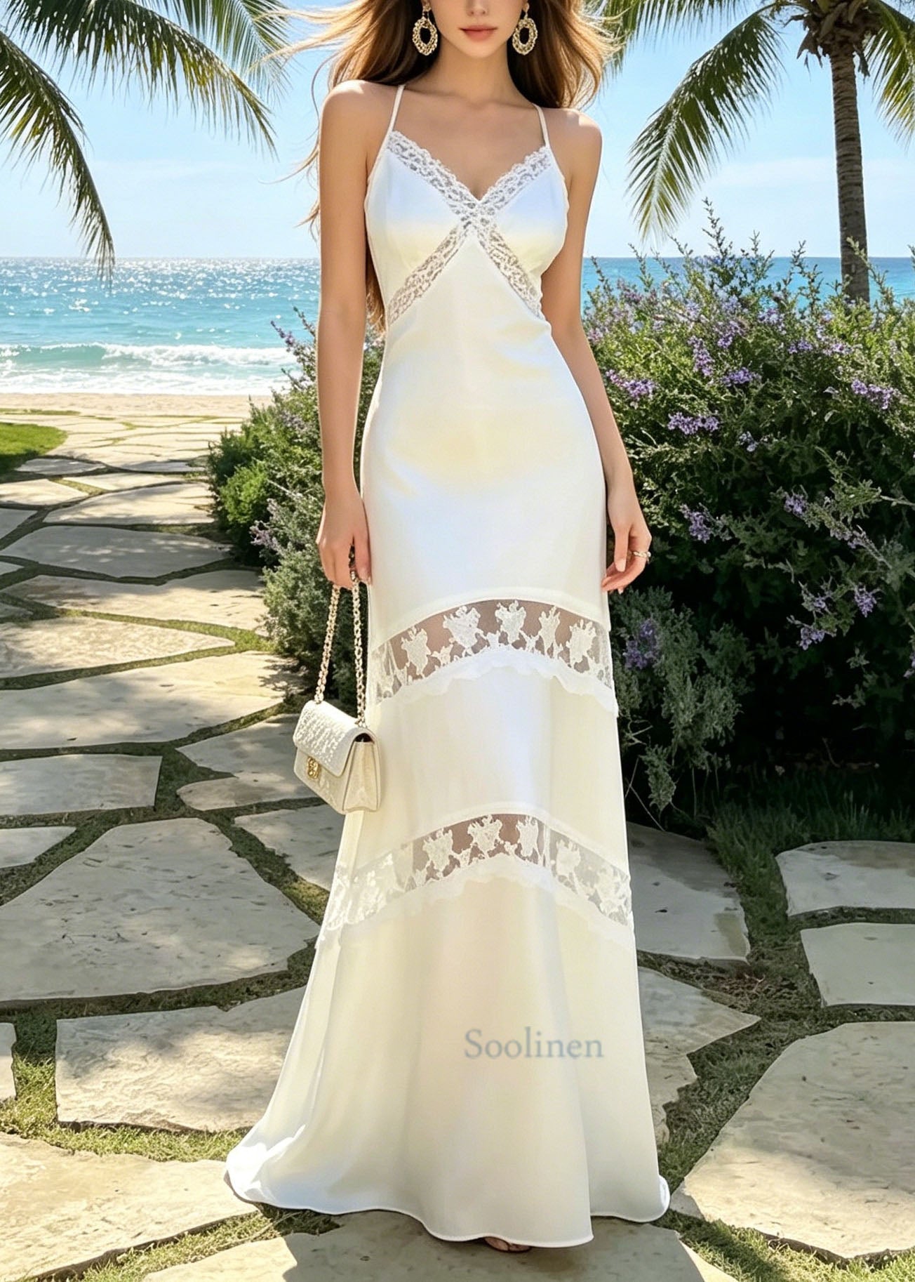 French White V Neck Lace Patchwork Silk Spaghetti Strap Dress Summer