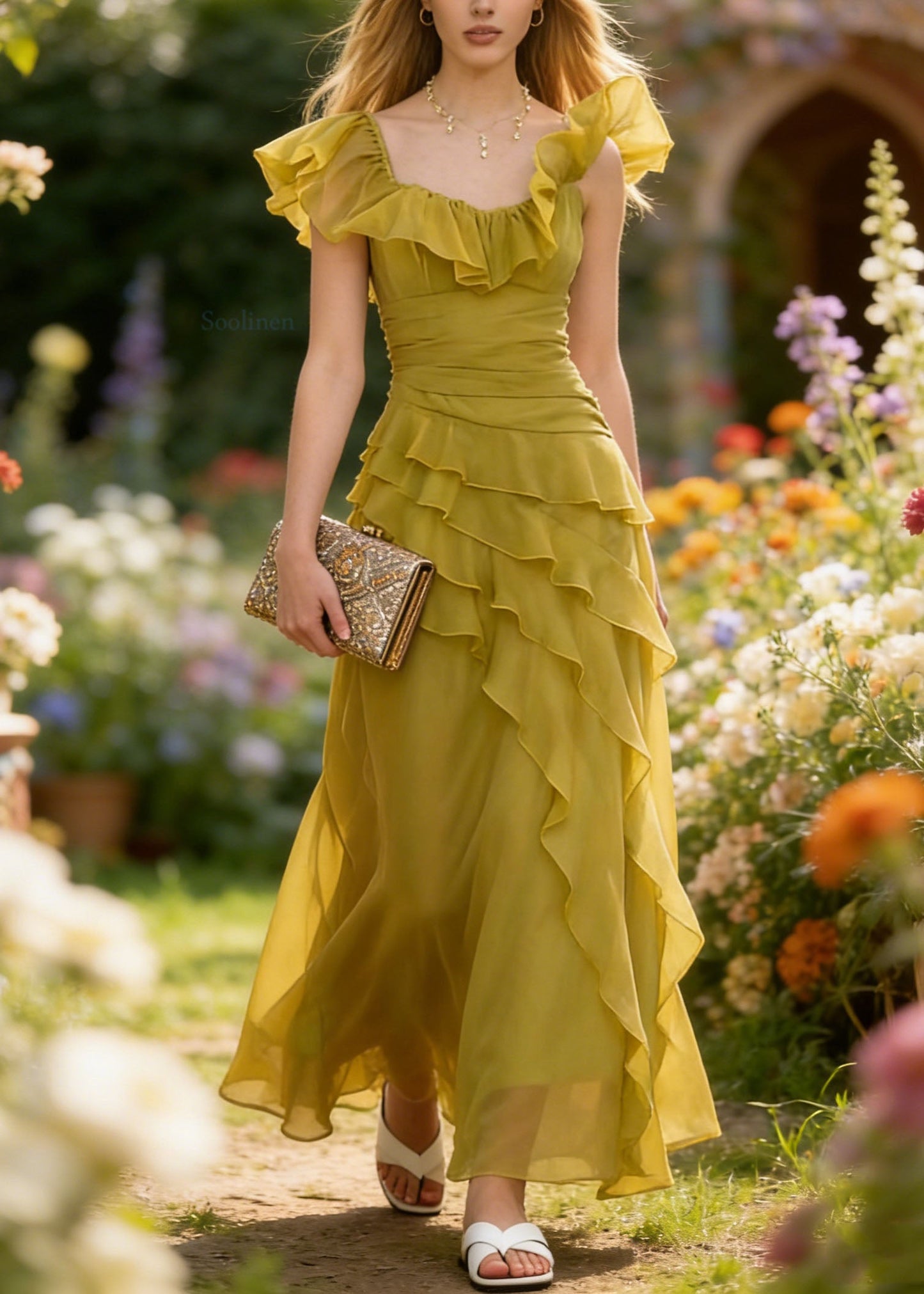 French Yellow Green Ruffled Patchwork Chiffon Dresses Summer