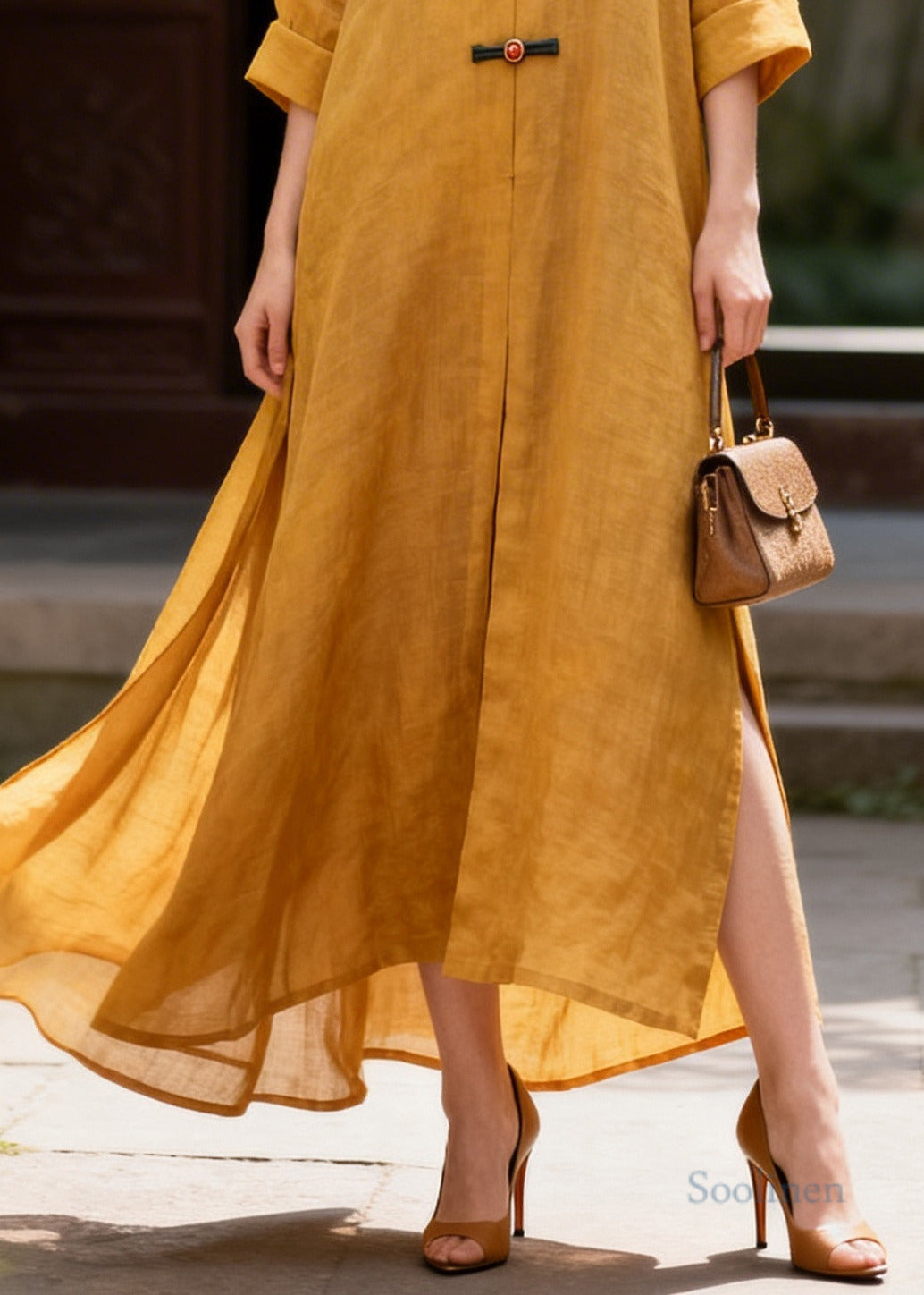 French Yellow Oversized Chinese Button Cotton Long Dress Summer