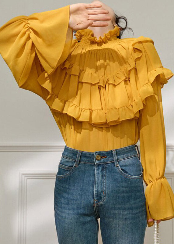 French Yellow Turtleneck Ruffled Top Flare Sleeve