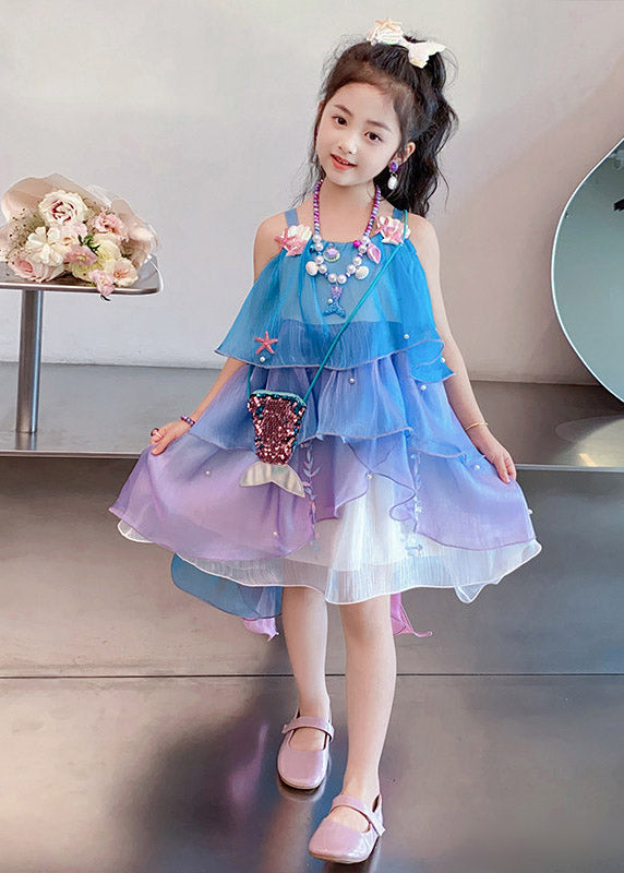Gradient Color Blue Purple Square Collar Girls Long Spaghetti Strap Dress Sleeveless