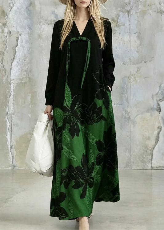 Gradient Color Green Print Pockets Tassel Maxi Dresses Fall