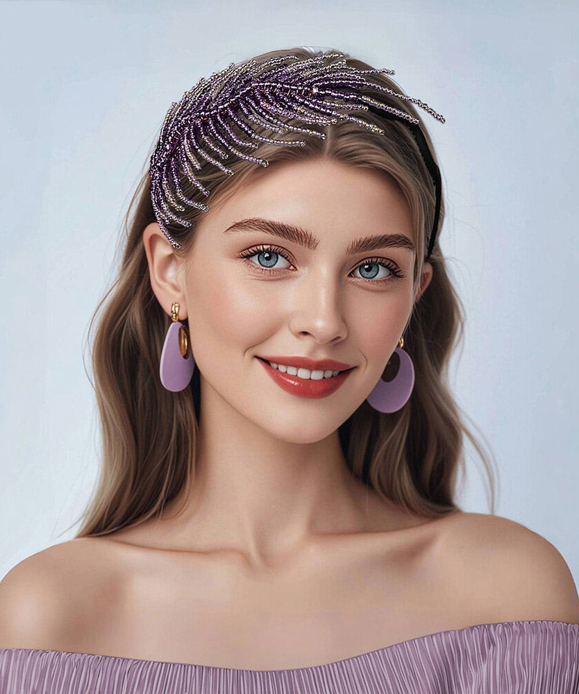 Gradient Color Purple Feather Acrylic Crystal Beading HairPiece
