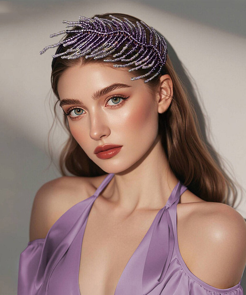 Gradient Color Purple Feather Acrylic Crystal Beading HairPiece