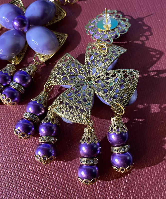 Gradient Color Purple Sterling Silver Overgild Floral Shell Tassel Drop Earrings