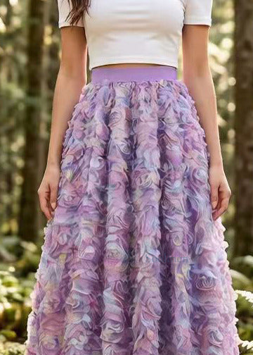 Gradient Purple Floral Elastic Waist Tulle Holiday Skirt Spring