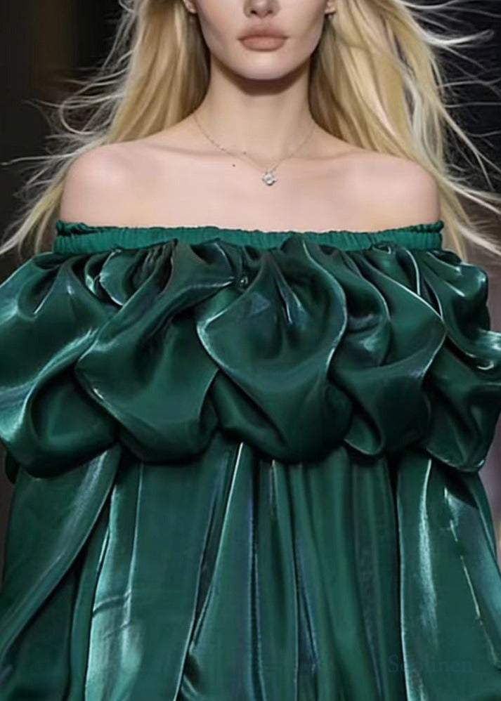 Grass Green Cold Shoulder Silk Mini Dresses Lantern Sleeve