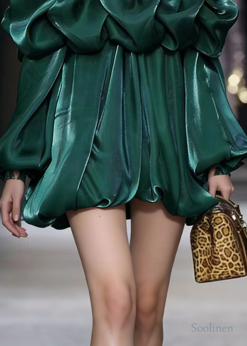 Grass Green Cold Shoulder Silk Mini Dresses Lantern Sleeve