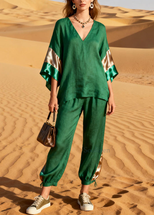 Grass Green Patchwork Linen Silk Two Pieces Set V Neck Summer