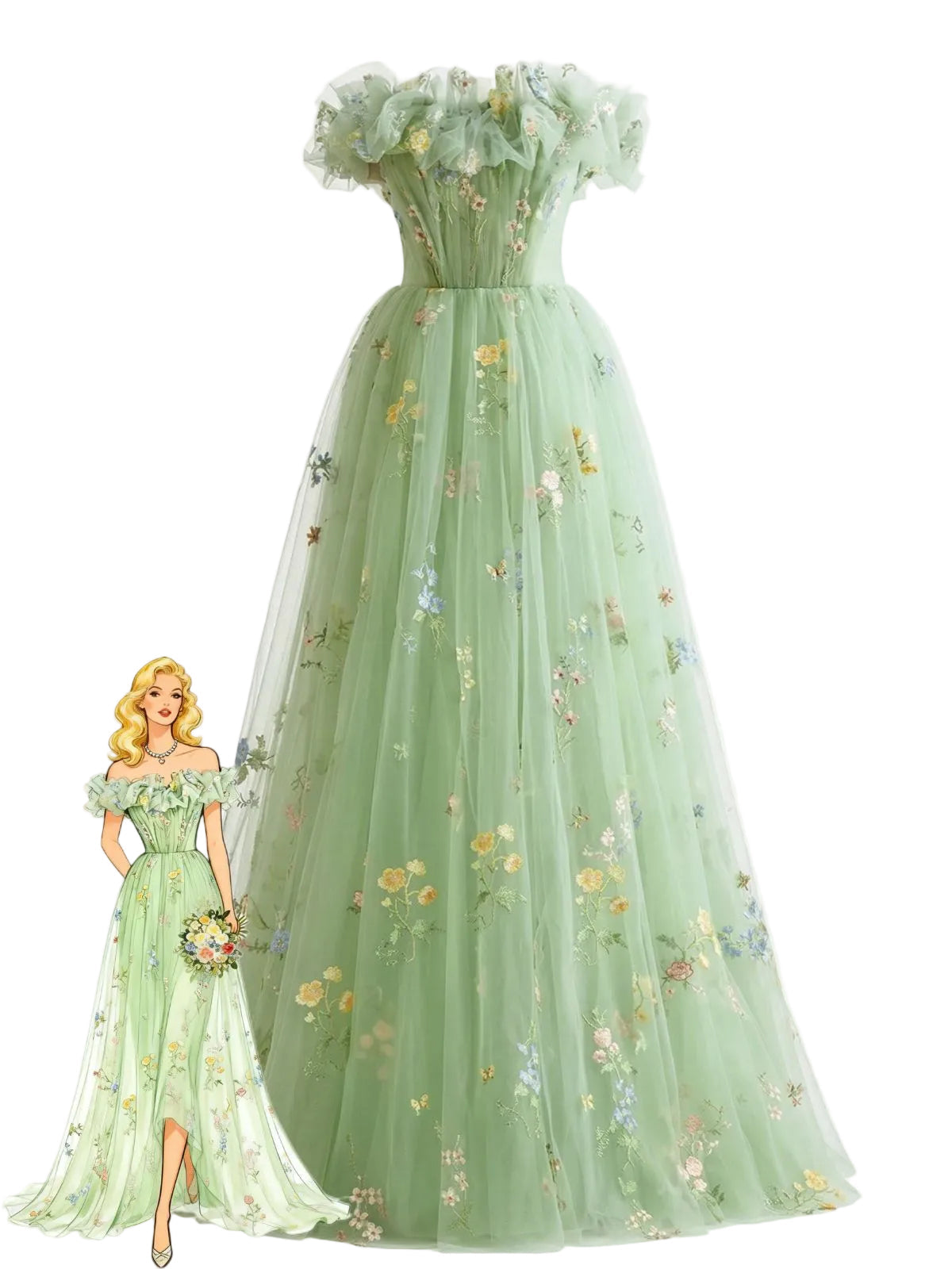 Green 1930s Floral Embroidered Mesh Strapless Dress