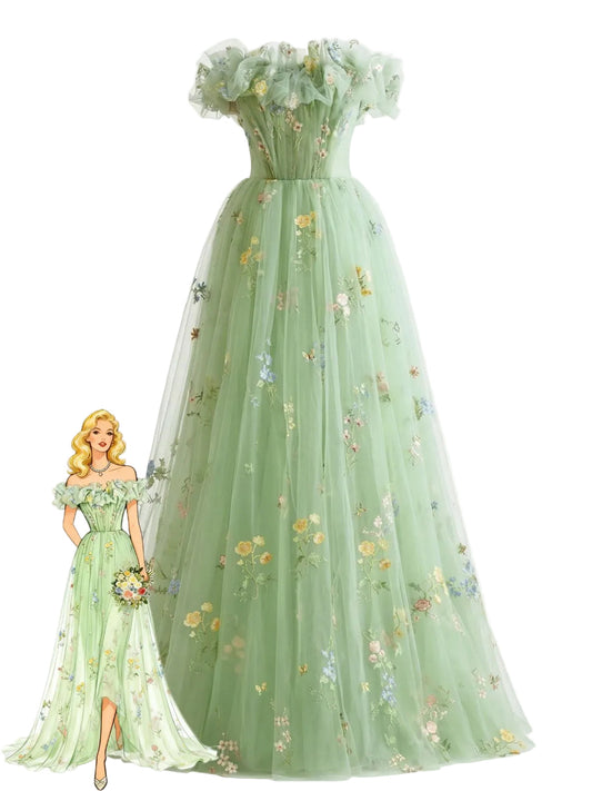 Green 1930s Floral Embroidered Mesh Strapless Dress