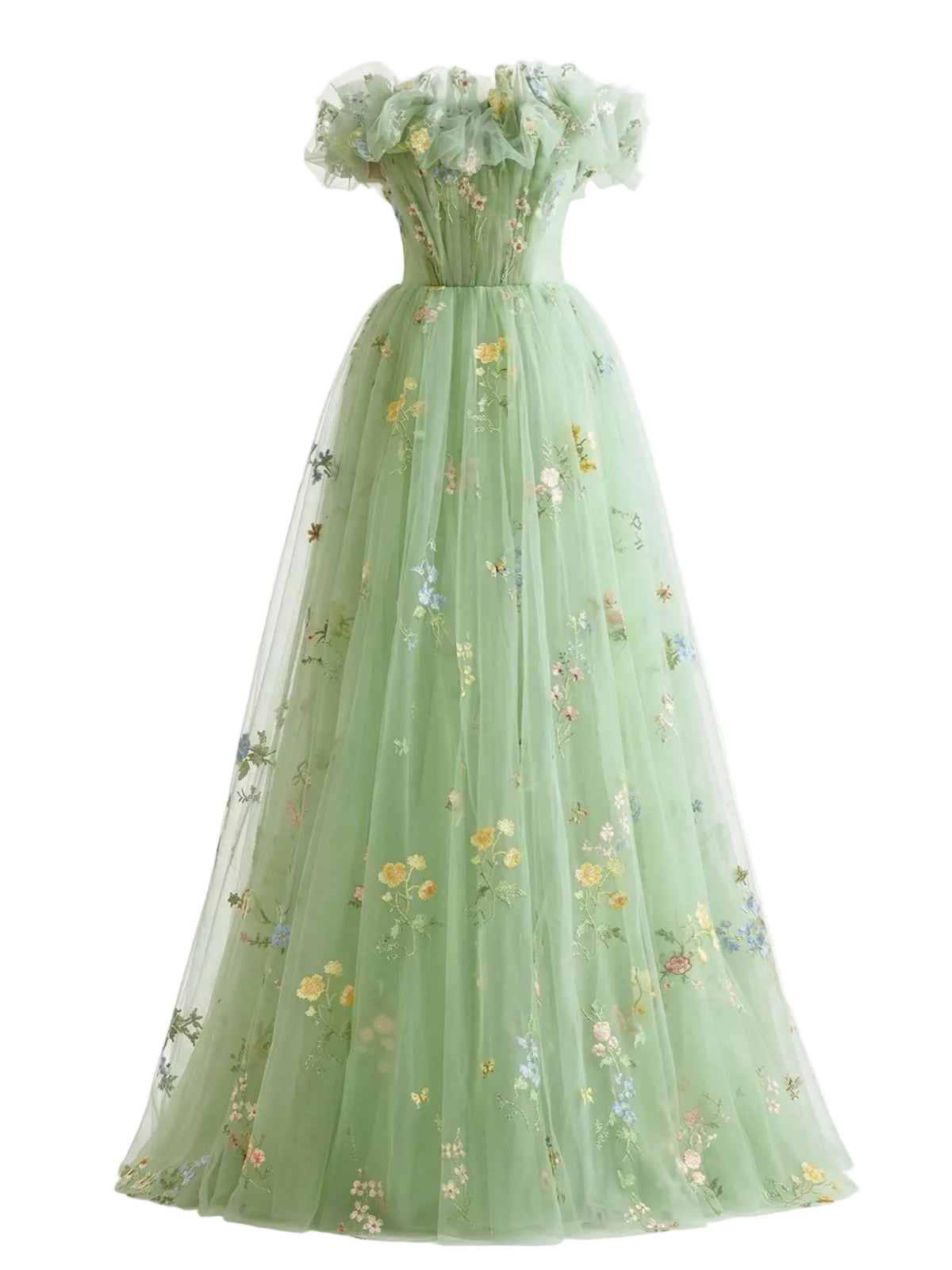 Green 1930s Floral Embroidered Mesh Strapless Dress