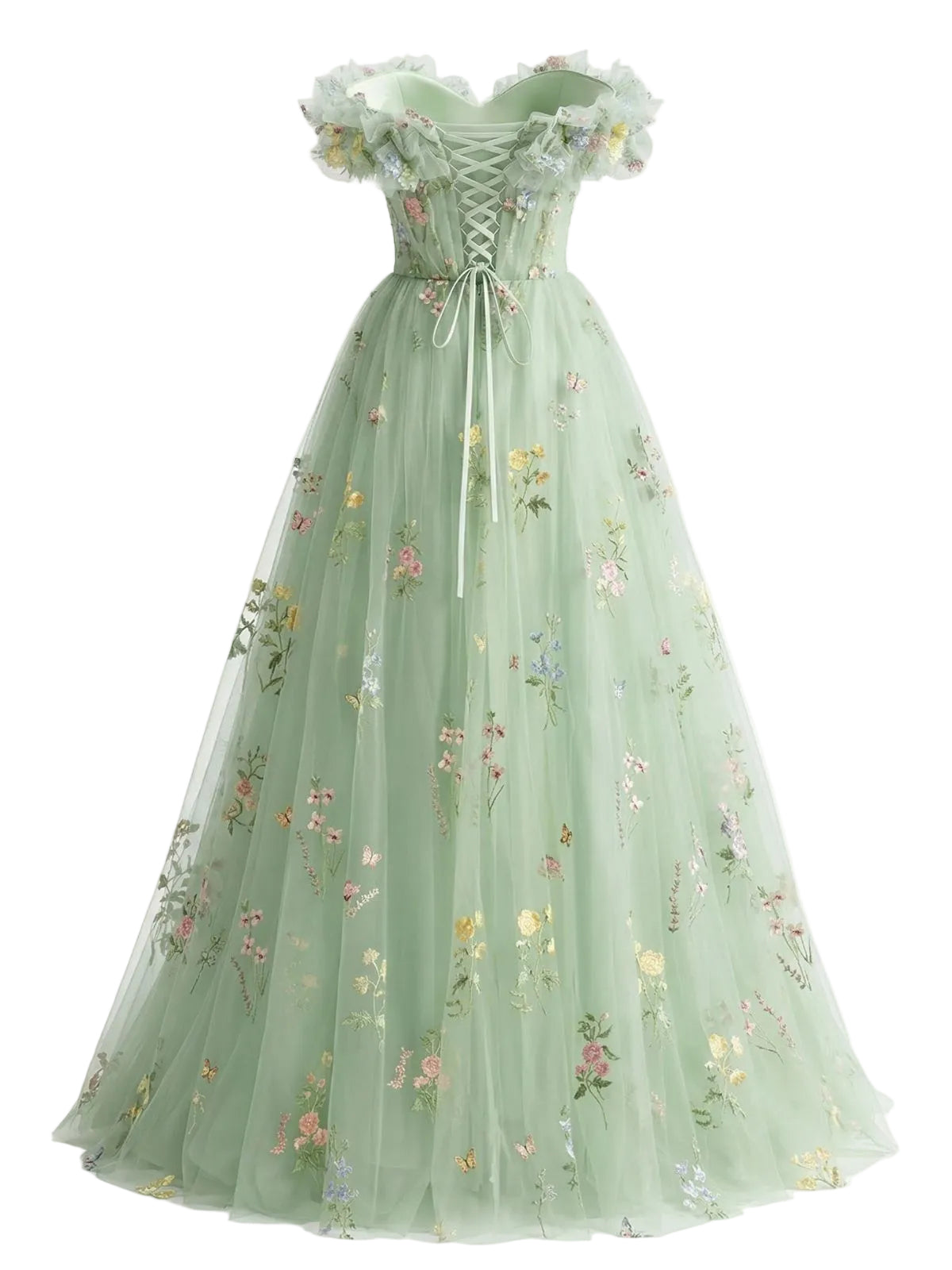 Green 1930s Floral Embroidered Mesh Strapless Dress
