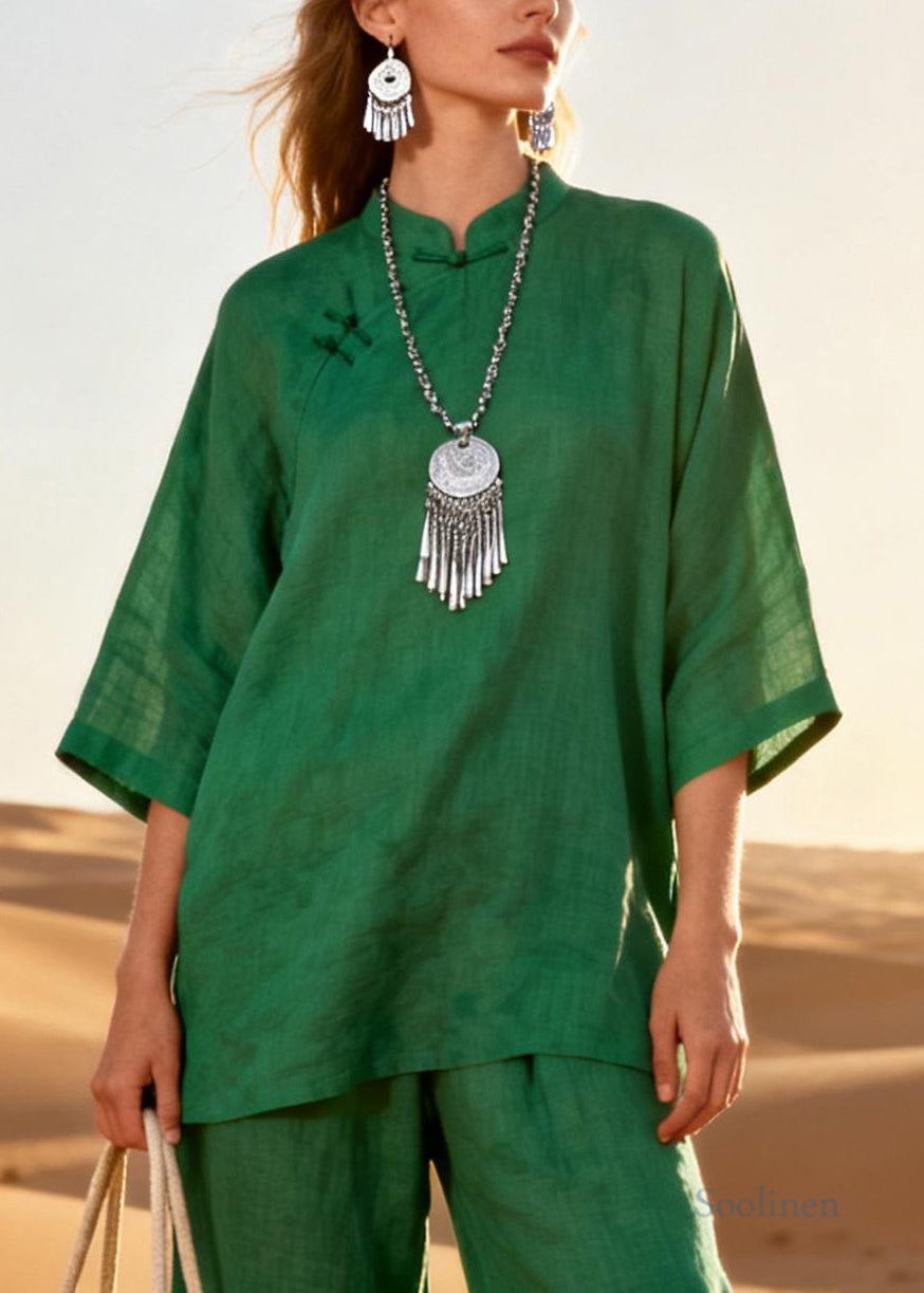 Green Chinese Button Sequins Patchwork Two Piece Set Stand Collar Half Sleeve