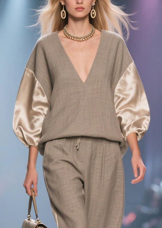 Grey Elastic Waist Silk Patchwork Two Piece Set V Neck Batwing Sleeve