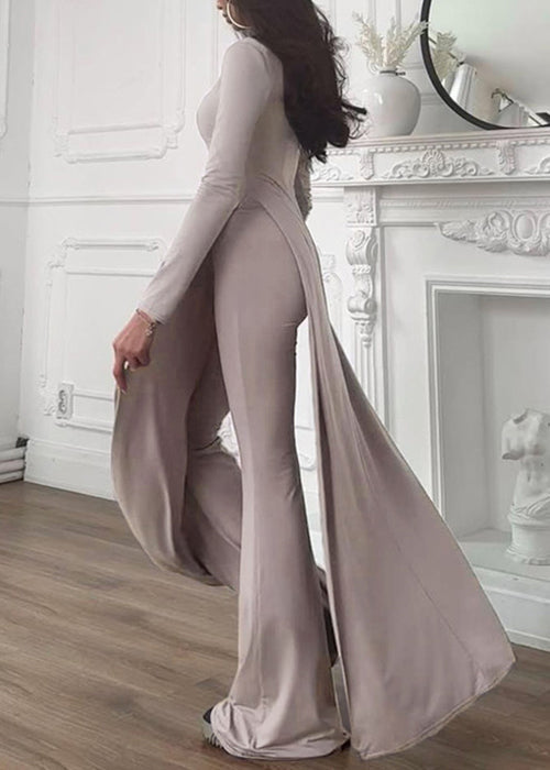 Grey Side Open Solid Cotton Two Pieces Set Spring O Neck