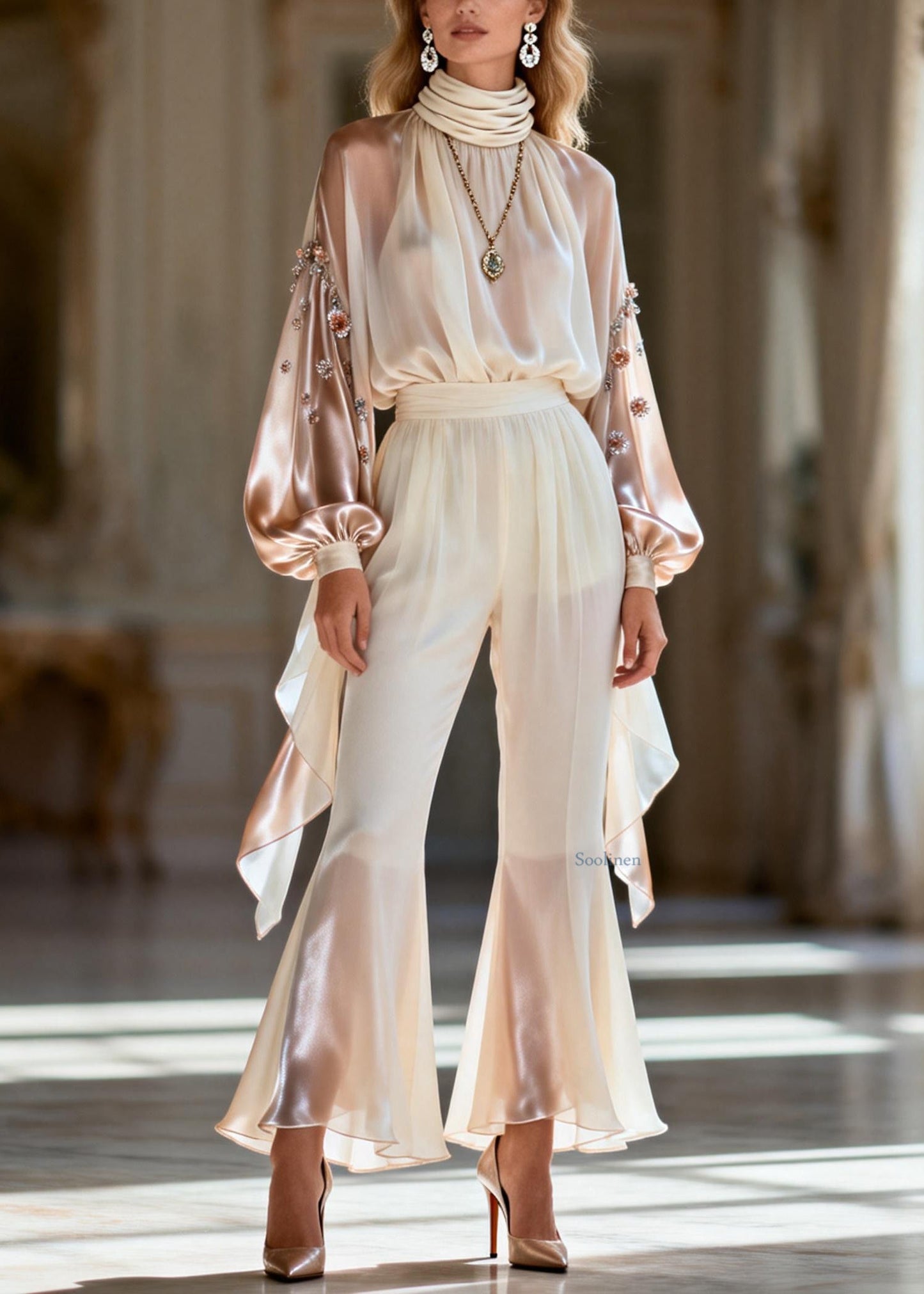 Handmade Beige Gradient Color Zircon Silk Patchwork Chiffon Two Pieces Set Spring