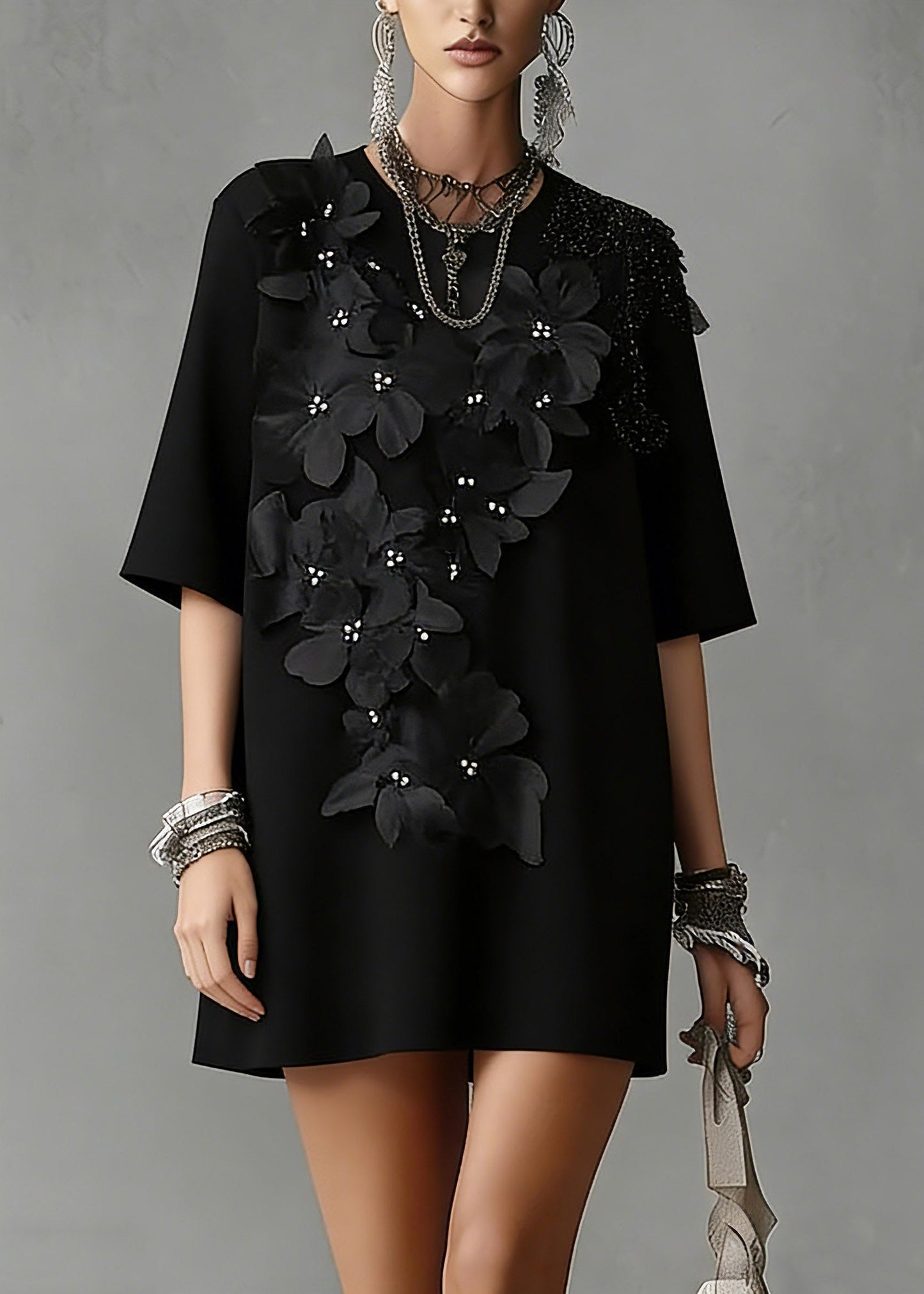 Handmade Black O-Neck Zircon Top Short Sleeve
