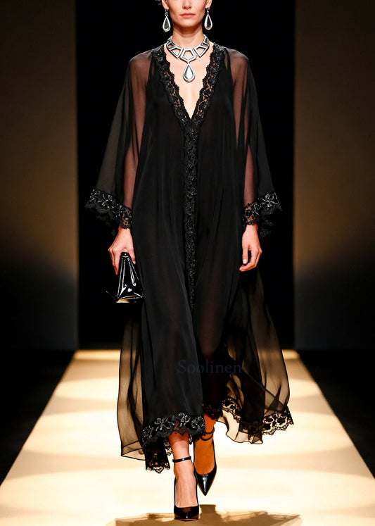 Handmade Black Oversized Lace Patchwork Chiffon Dresses Summer