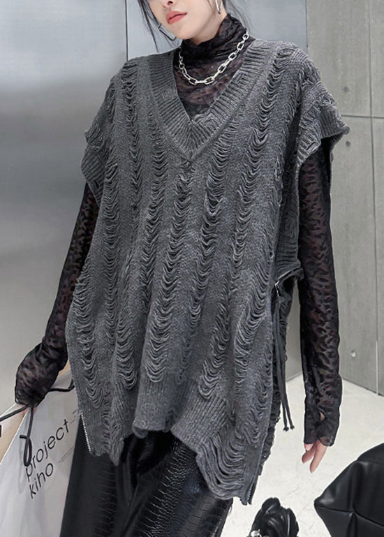 Handmade Black V Neck Zip Up Patchwork Knit Vest Tops Sleeveless