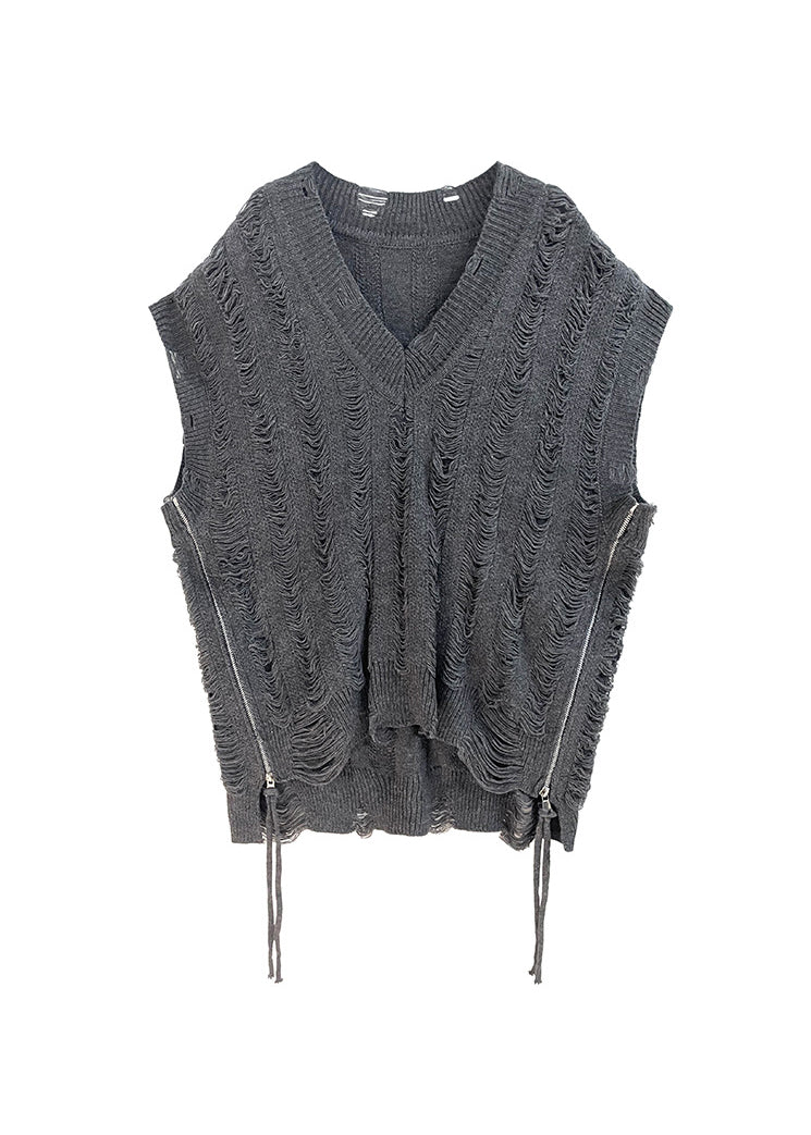 Handmade Black V Neck Zip Up Patchwork Knit Vest Tops Sleeveless