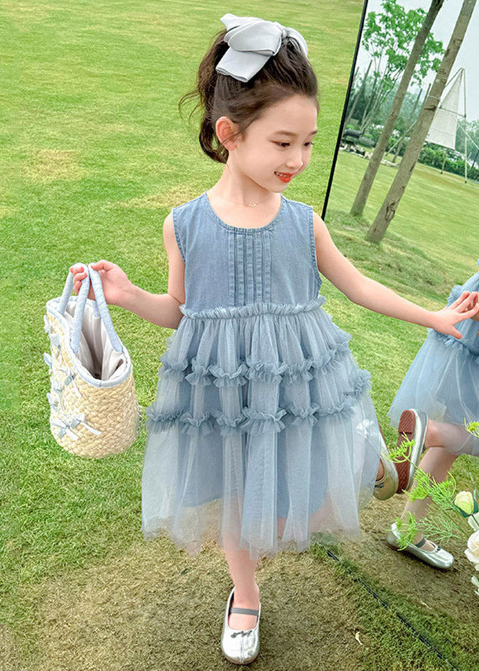 Handmade Blue Denim Patchwork Tulle Girls Long Dresses Summer
