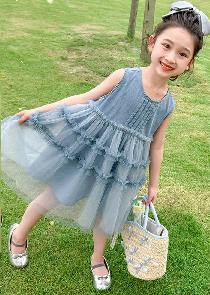 Handmade Blue Denim Patchwork Tulle Girls Long Dresses Summer