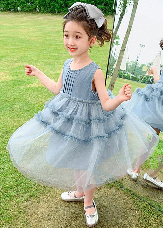 Handmade Blue Denim Patchwork Tulle Girls Long Dresses Summer
