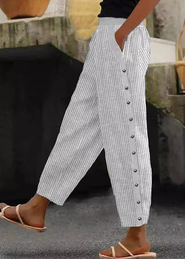 Handmade Blue Pockets Striped Cotton Crop Pants Summer
