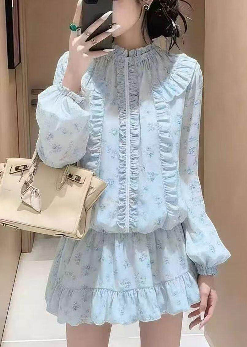 Handmade Blue Ruffled Print Chiffon Women Sets 2 Pieces Summer