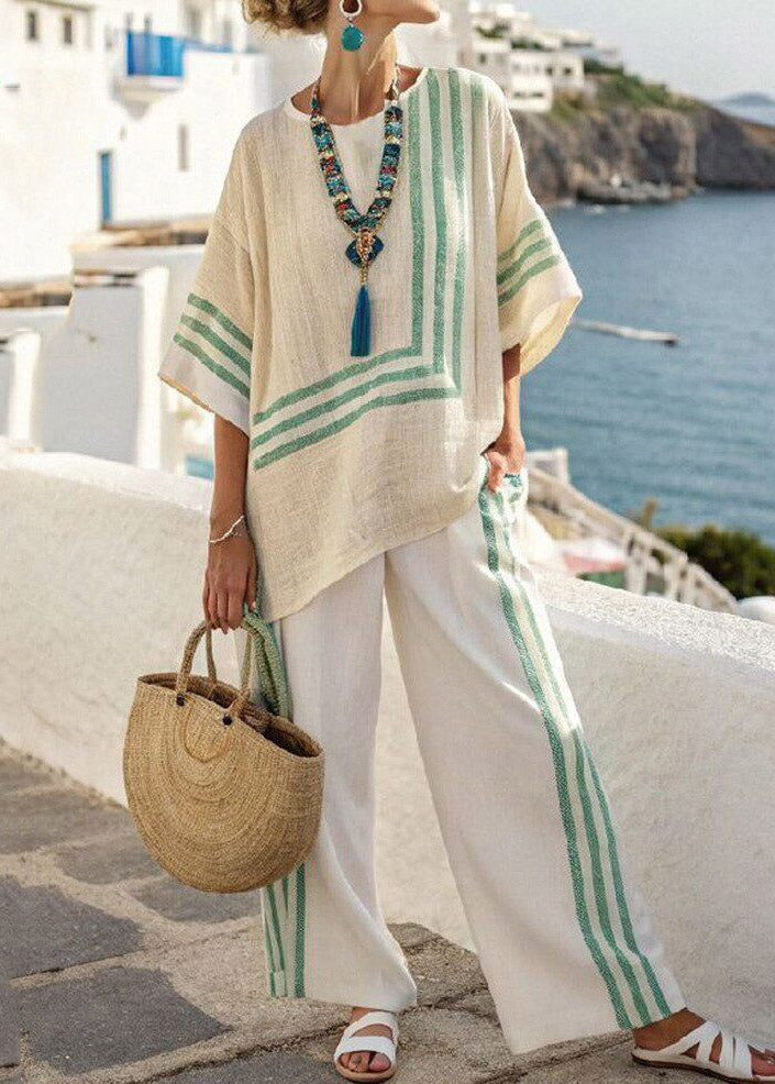 Handmade Blue Striped Low High Design T Shirts And Wide Leg Pants Two Pieces Set Half Sleeve