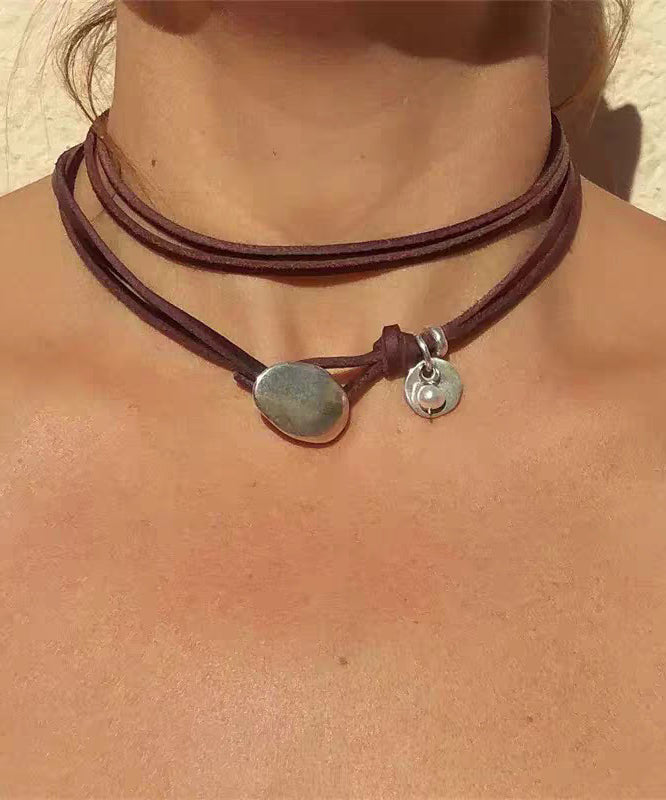 Handmade Brown Leather Strap Alloy Turquoise Multi-Layer Necklace