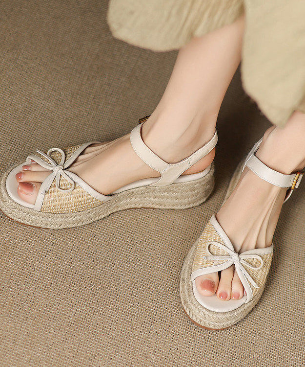 Handmade Brown Sandals Splicing Bow Wedge Sandals