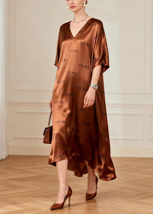 Handmade Coffee Graphic Silk Maxi Dress Short Sleeve