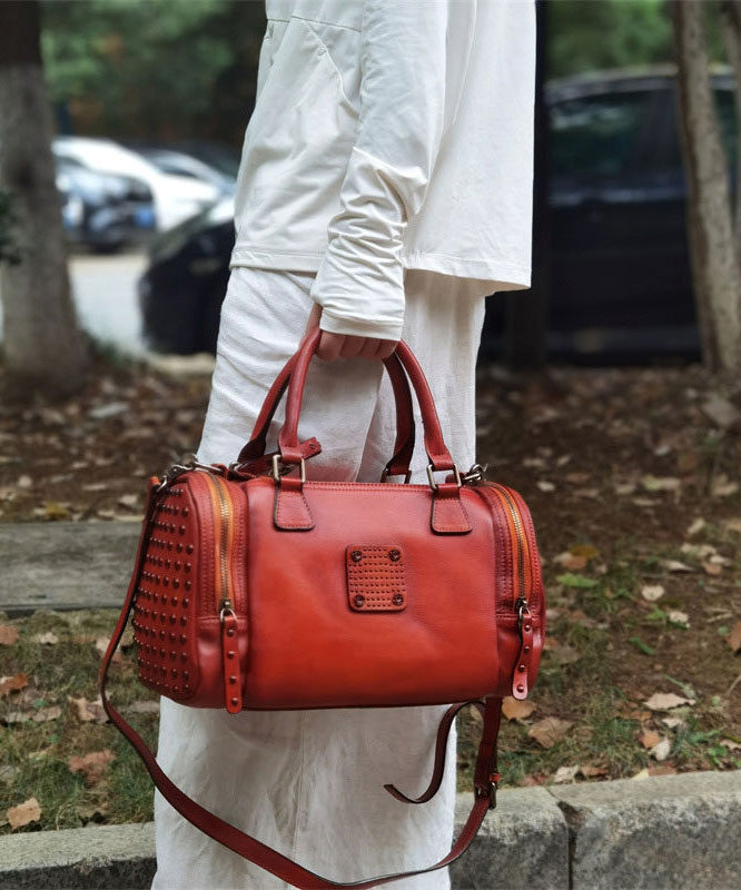 Handmade Coffee Rivet Calf Leather Tote Bag
