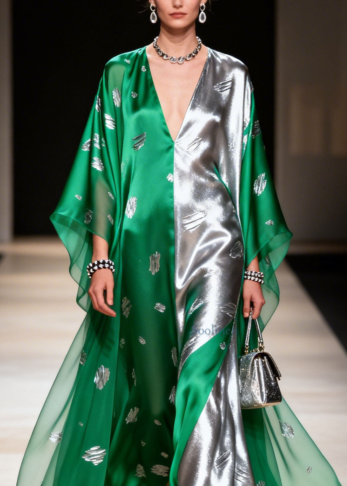 Handmade Colorblock V Neck Print Chiffon Maxi Dresses Summer