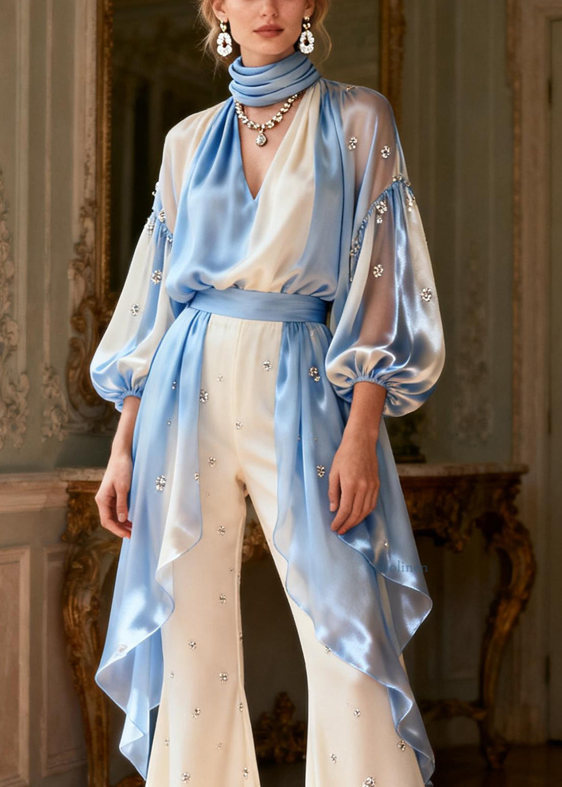 Handmade Colorblock Zircon Patchwork Tops And Flared Trousers Two Piece Set Lantern Sleeve