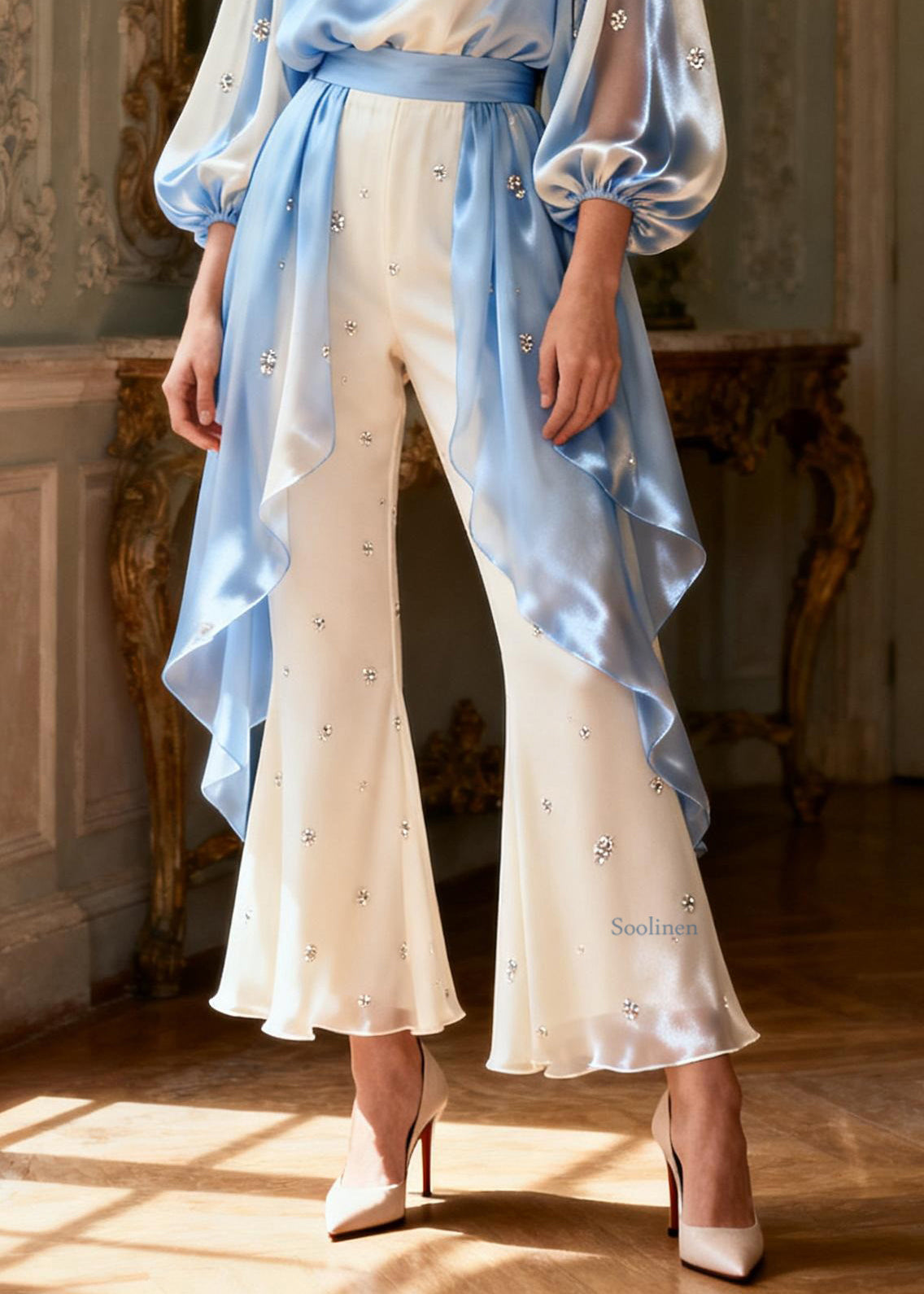 Handmade Colorblock Zircon Patchwork Tops And Flared Trousers Two Piece Set Lantern Sleeve