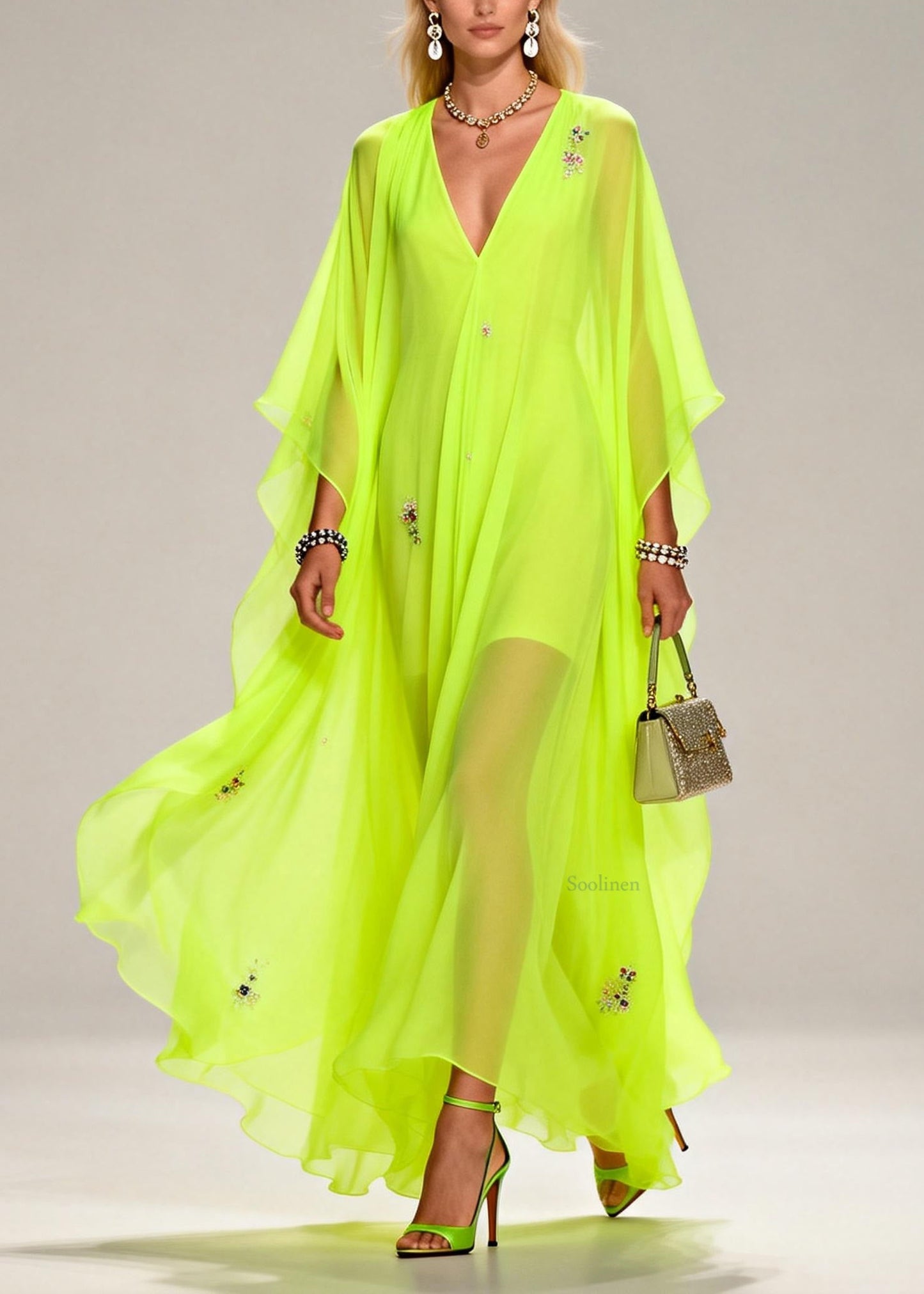 Handmade Fluorescent Green V Neck Zircon Chiffon Dresses Summer
