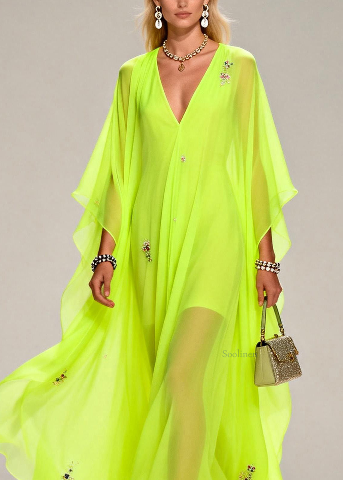 Handmade Fluorescent Green V Neck Zircon Chiffon Dresses Summer