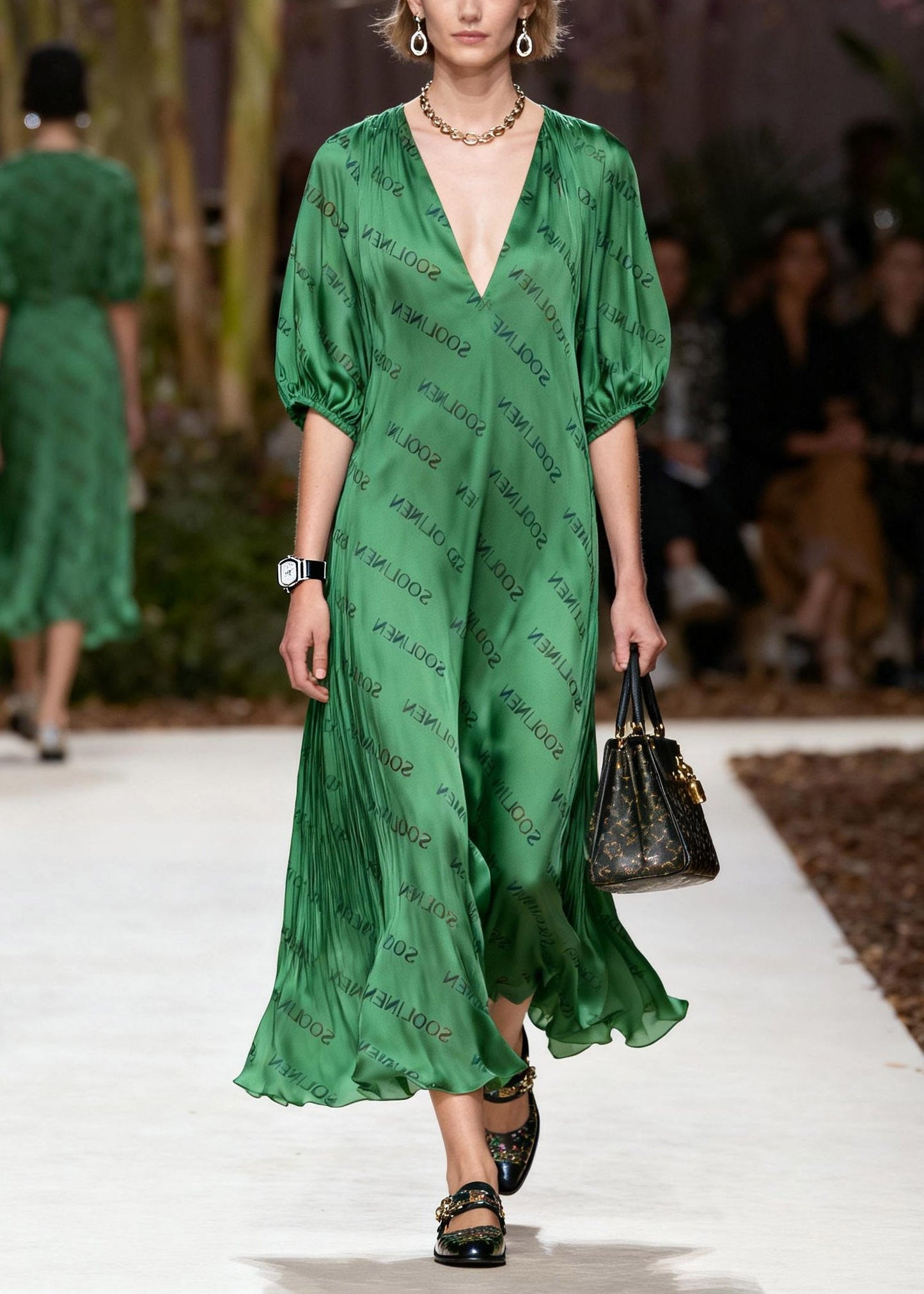 Handmade Green V Neck Silk Maxi Dress Lanter Sleeve