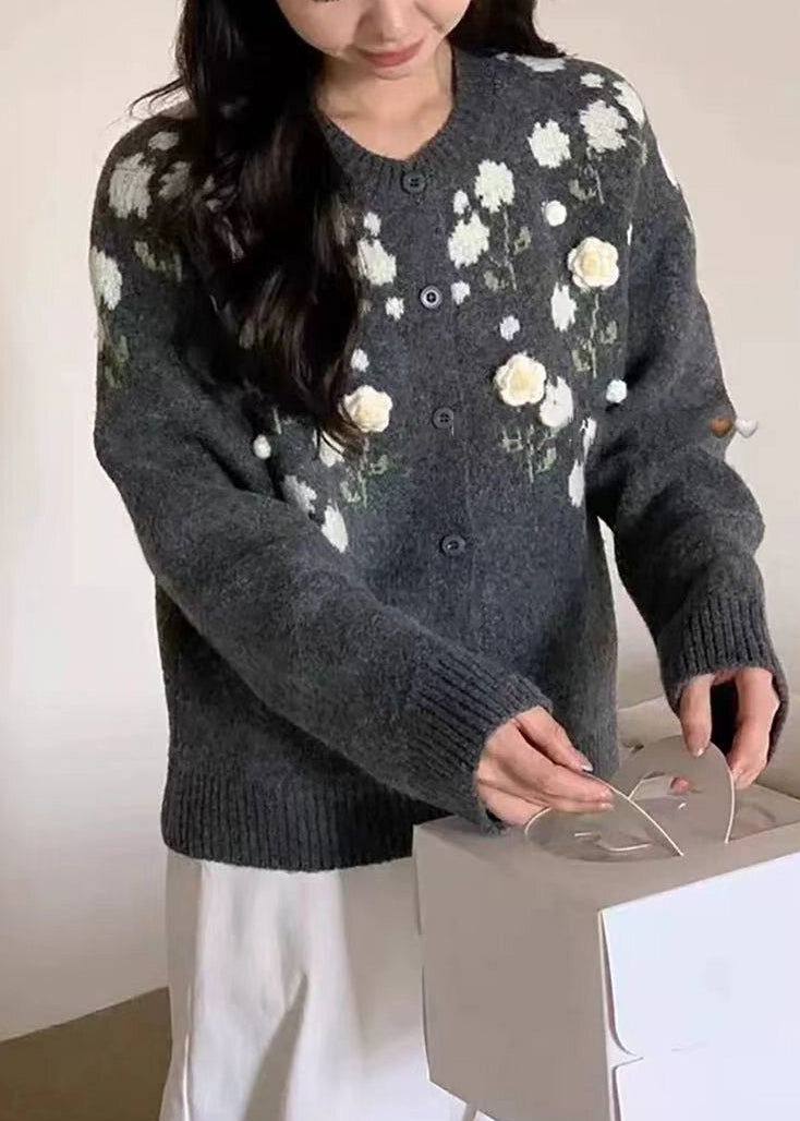 Handmade Grey Oversized Floral Knit Coats Winter