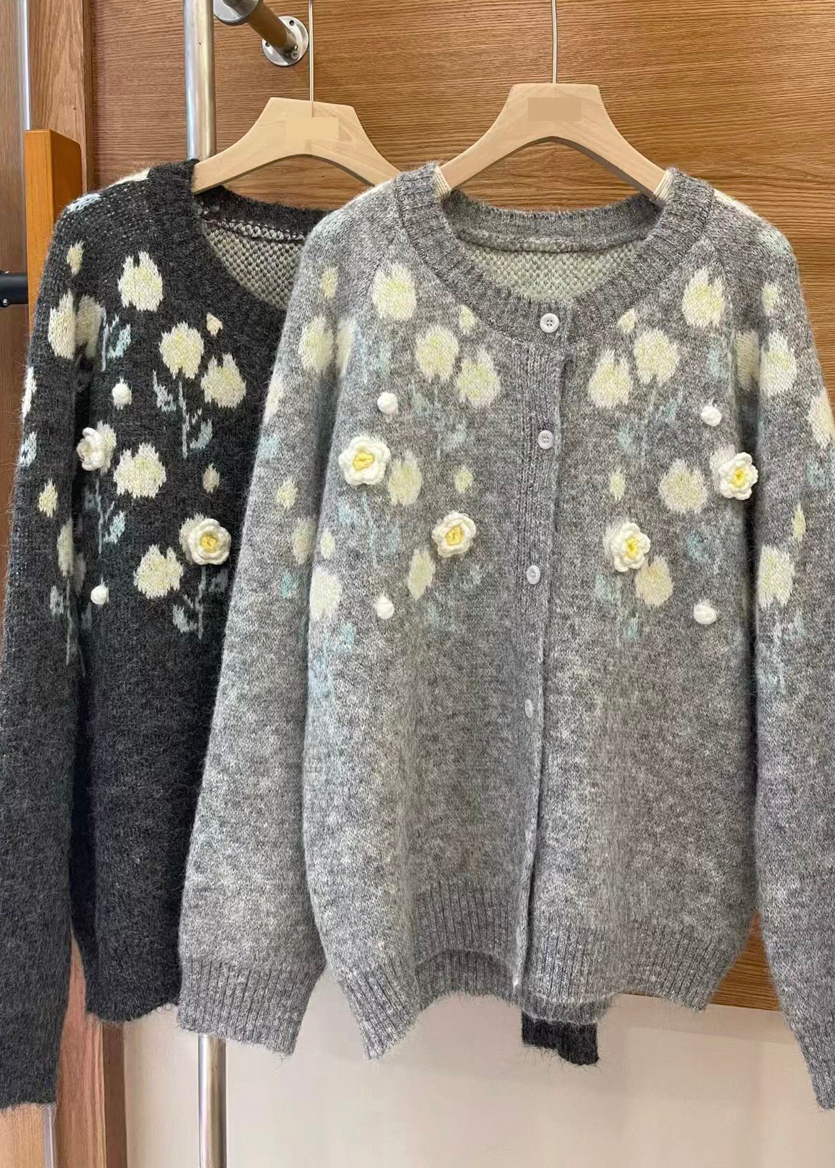 Handmade Grey Oversized Floral Knit Coats Winter
