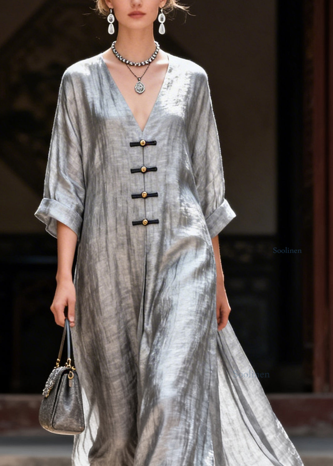 Handmade Grey V Neck Button Solid Maxi Dress Summer