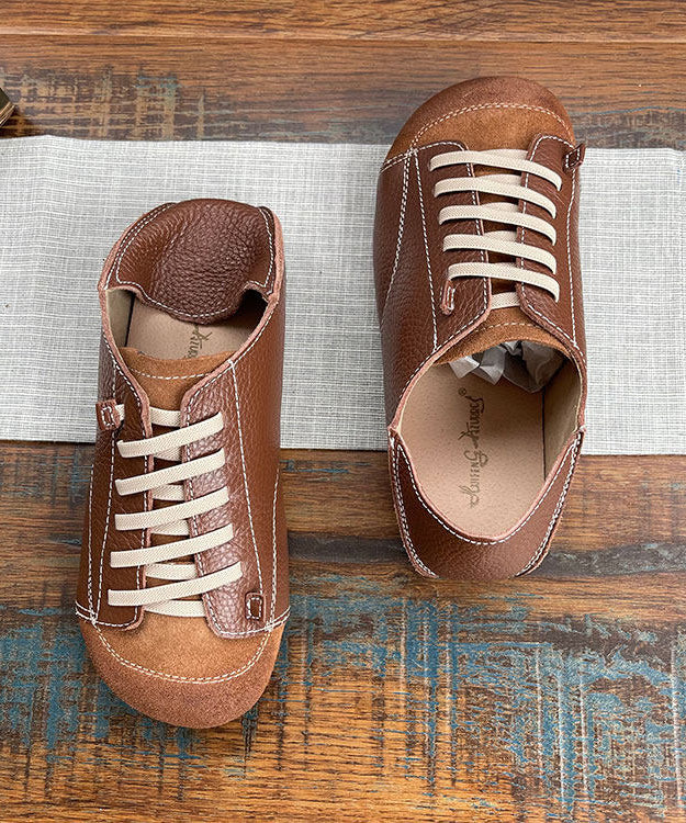 Handmade Khaki Cowhide Leather Penny Loafers Splicing Lace Up