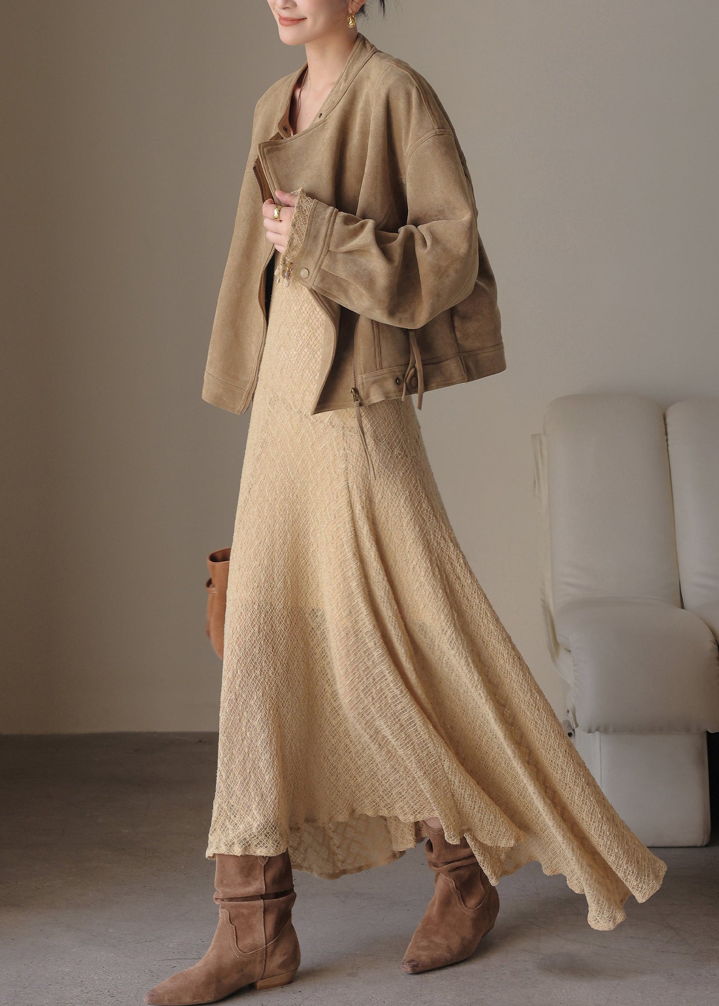 Handmade Khaki U Neck Solid Maxi Dress Spring