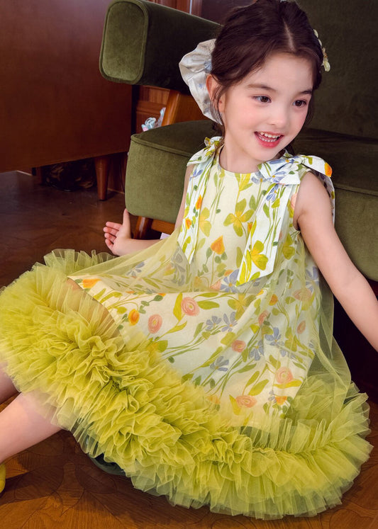 Handmade Light Green Print Patchwork Tulle Girls Maxi Dress Summer
