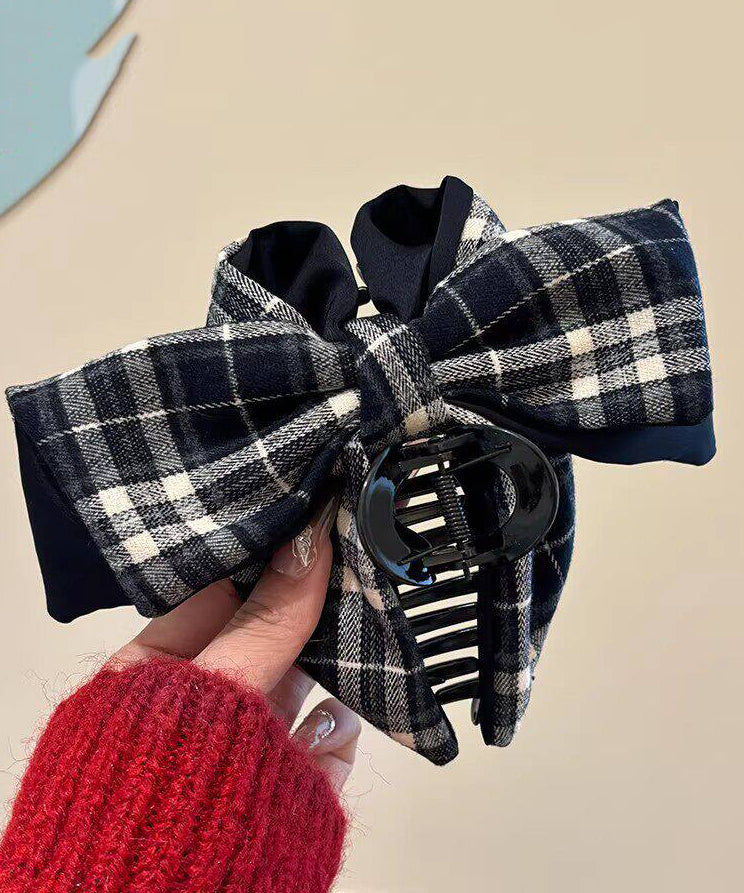 Handmade Navy Blue Plaid Alloy Bow Hairpin