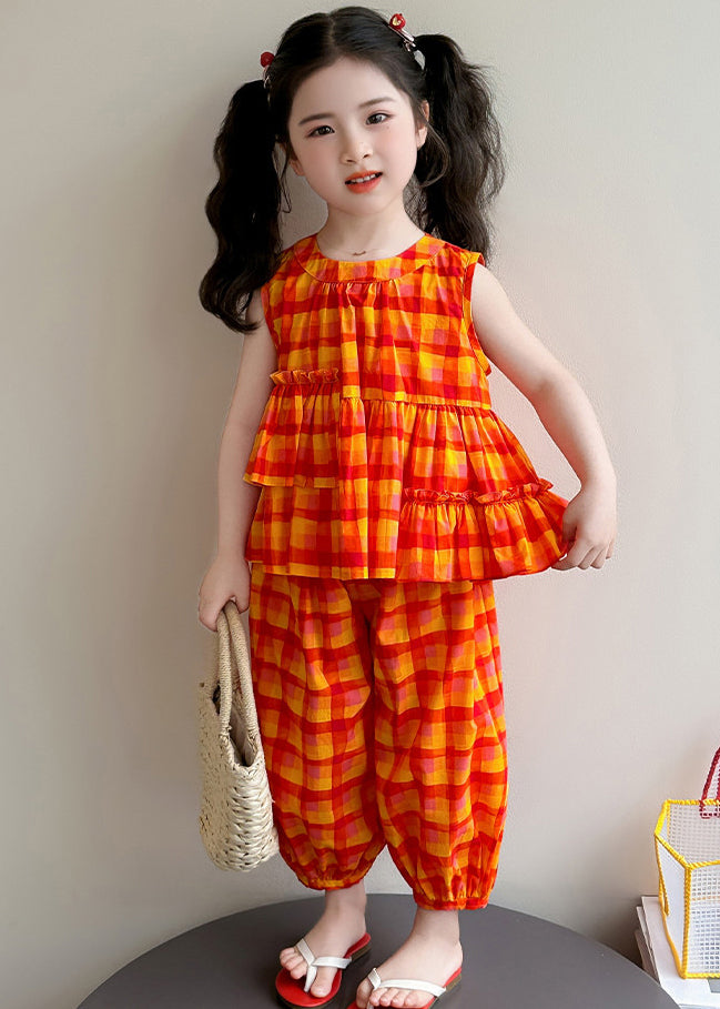 Handmade Orange Ruffled Plaid Cotton Kids Girls Women Sets 2 Pieces Summer